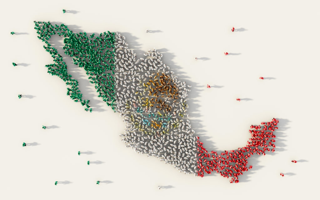 Large group of people forming Mexico map and national flag in social media and communication concept on white background. 3d sign symbol of crowd illustration from above gathered together